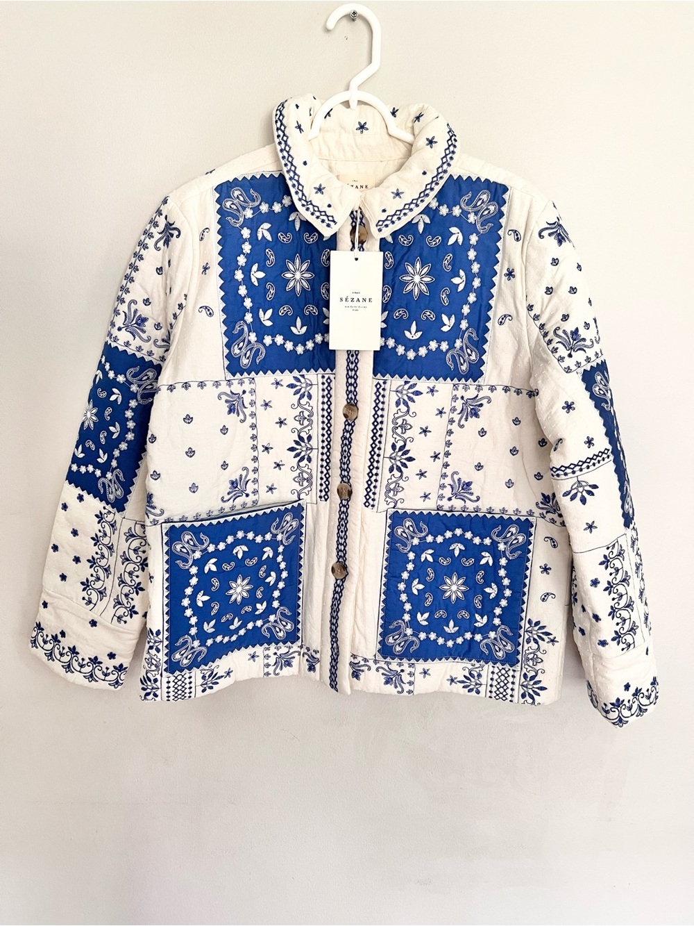 Sezane Smith In Blue Ecru Bandana Embroidered Quilted Floral Jacket Size 40 - Picture 4 of 11